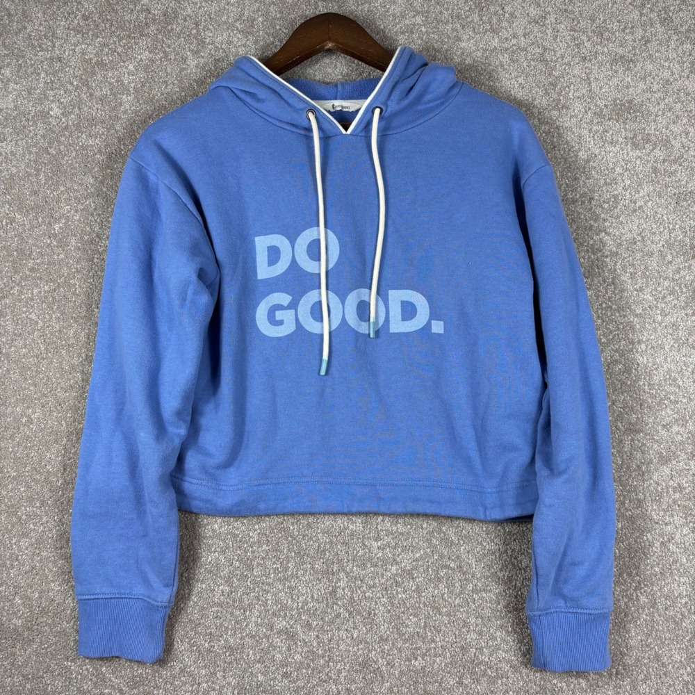 Cotopaxi Do Good Crop Hoodie Blue Graphic Fleece Sweatshirt Womens Large